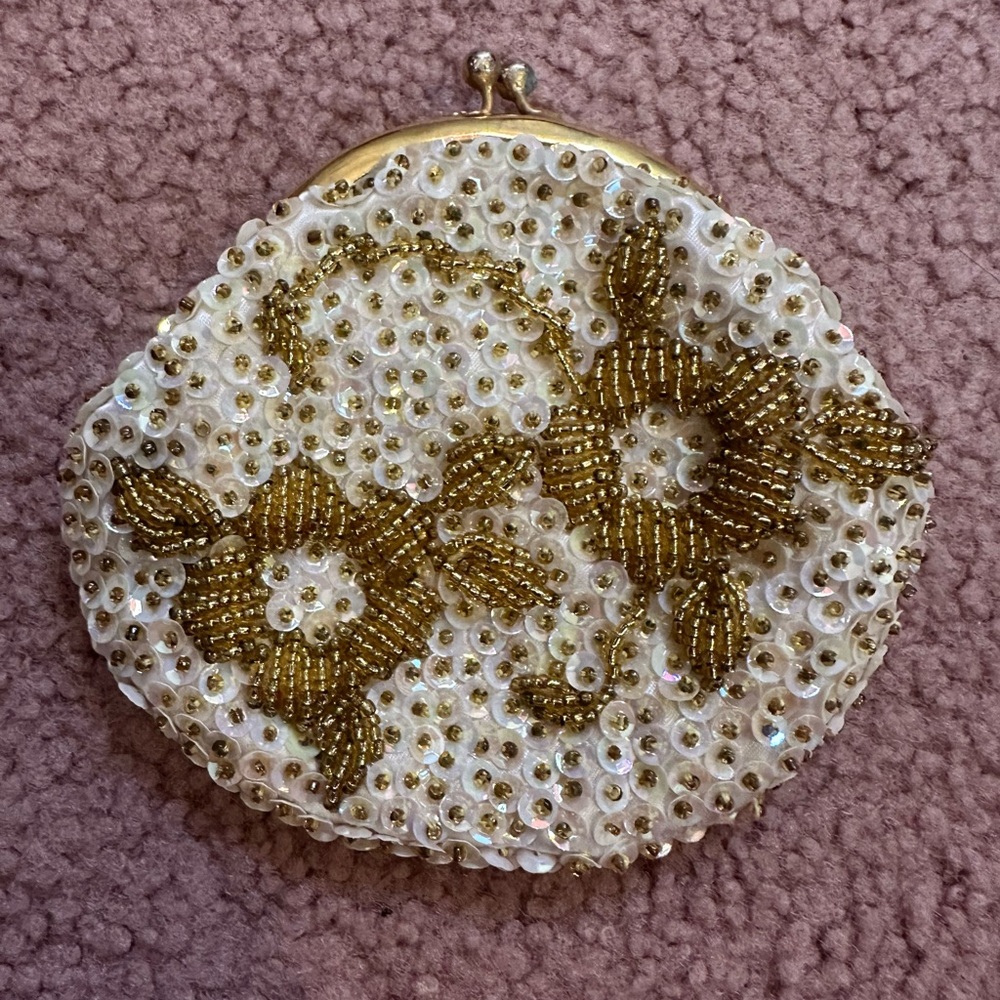 Vintage Gold Sequin & Beaded Change Coin Purse Bag Minor Verdigris